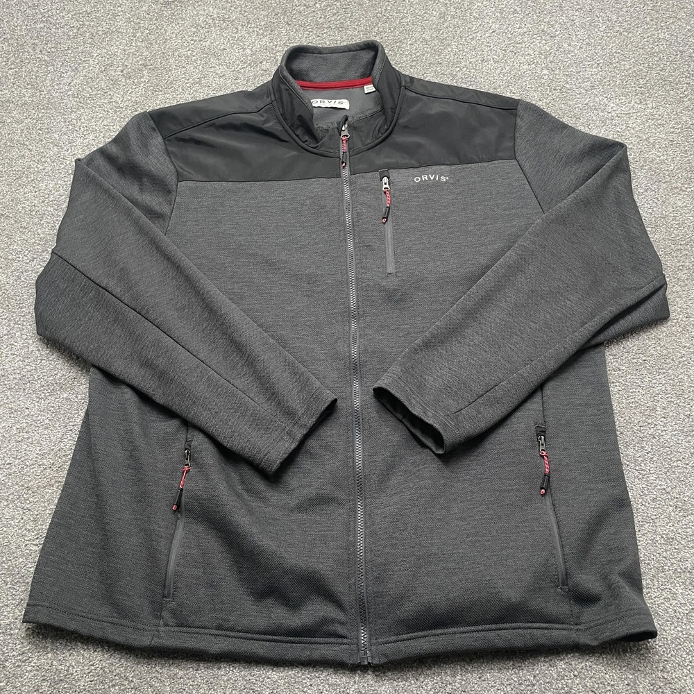 Orvis Jacket Mens 2XL Gray Black Full Zip Softshell Chest Pocket Outdoor